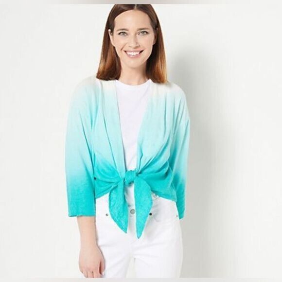 NWT Denim & Co Women’s Linen Blend Teal Green Ombre Shrug Cardig - Size XL - Picture 1 of 6